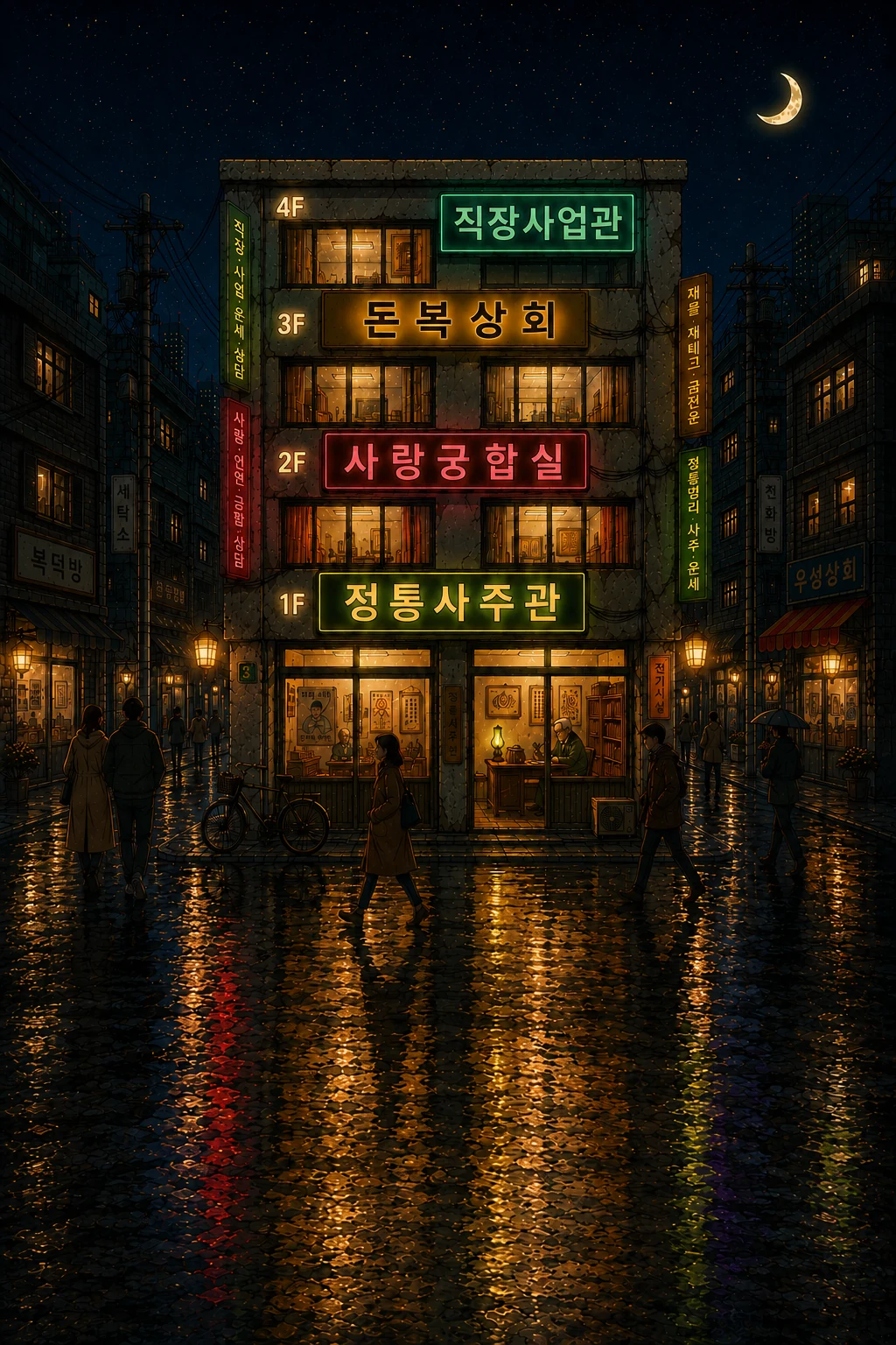 비 내리는 밤, 네 개의 상담관이 있는 명리종합상가
